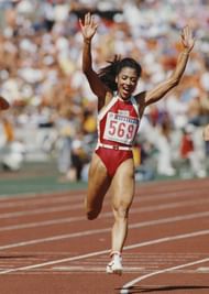 Florence Griffith-Joyner after finishing 100m race in 10.62s
